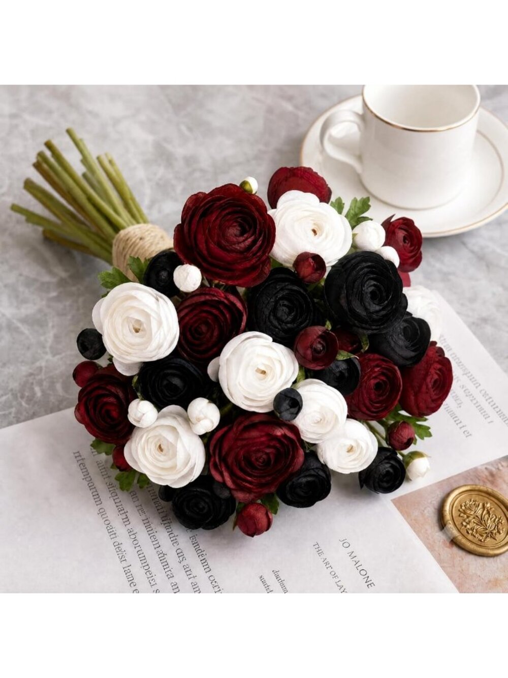 60 Pcs Black & Burgundy Faux Ranunculus Flowers - Bulk Artificial Bouquet